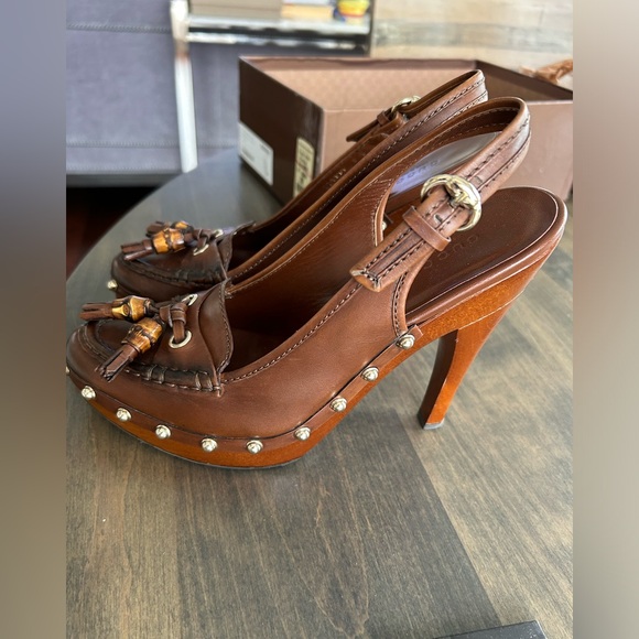 Authentic GUCCI Scar Pelle S Gomma Brown Slingbacks size 8 in original box - Picture 13 of 14